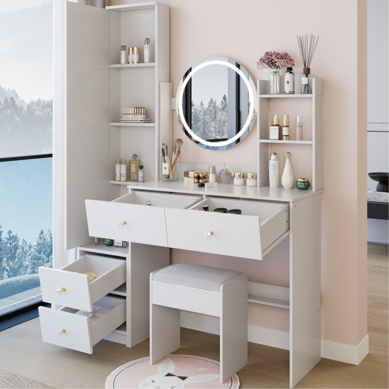 Table de meuble-lavabo à miroir de 17 po de diamètre avec luminaire 3 lumières modifiables, armoire pleine grandeur et tabouret rembourré, commode blanche de style américain