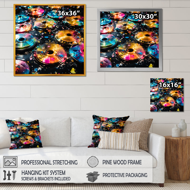 Colourful Disco Fever Vinyle - Disques vinyle, art mural, Cadre flottant doré, H 30 po x l 30 po x P 1,5 po