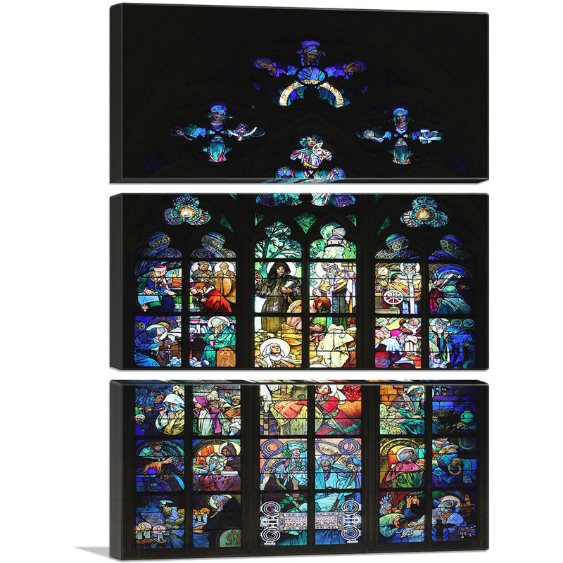 «Glass Window in the St. Vitus Cathedral» par Alphonse Mucha - ensemble de 3 impressions sur toile tendue