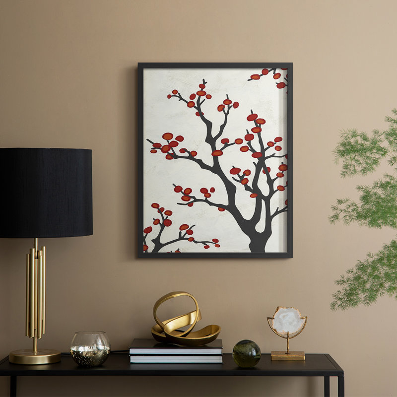 «Red Berry Branch II», reproduction encadrée - bois massif, Noir, noir, noir, noir, H 15 po x l 12 po