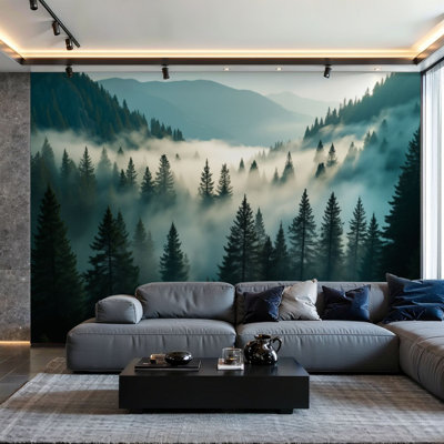 Peel and Stick Wallpaper Wall Mural Foggy Forest Landscape Pine Trees Mountain Views Wall Art Self Adhesive and Removable