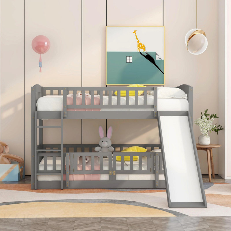 Lit superposé simple avec glissade, lit simple superposé simple avec clôture et échelle pour enfants adolescents gris, Grey