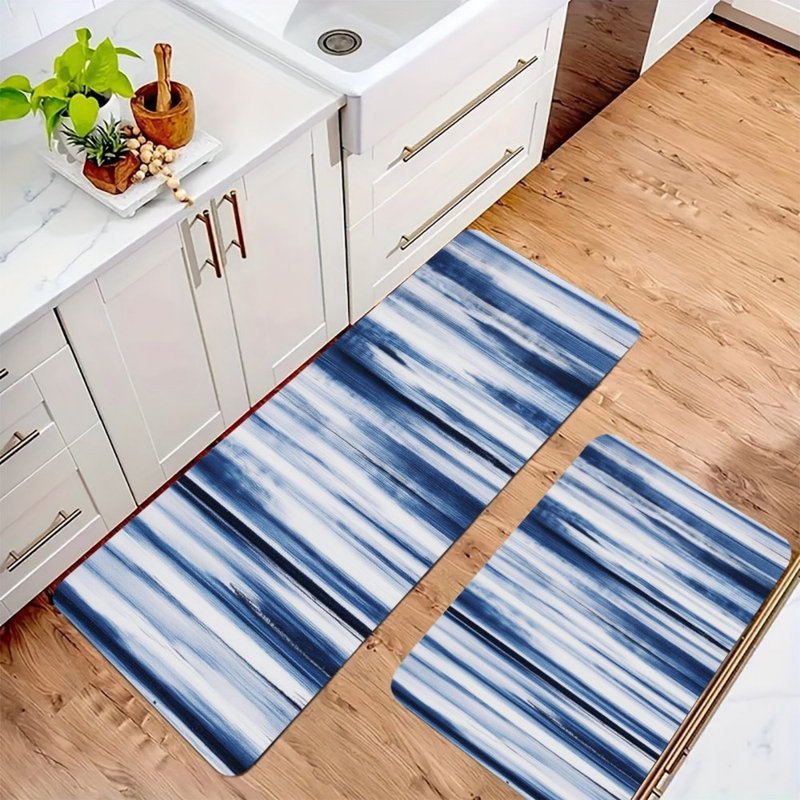 Tapis de cuisine abstrait à rayures bleues pour salle de lavage, bleu et blanc