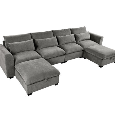 U-Shaped Freely Adjustable With Ottomans - Gray Linen Blend, 6, For Living Room, Study, Home Theater, & Modern U-Style Modular 2 Movable Fabric, 6, Rooms, Studies, Theatres, Stylish