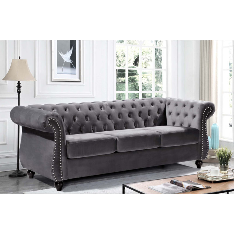 Canapé 3 places Chesterfield, Velours gris velours