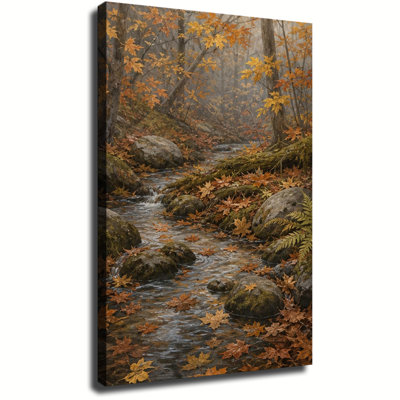 Forêt d'automne brumeuse avec ruisseau, feuilles d'érable et rochers moussus, toile murale décorative pour la chambre à coucher