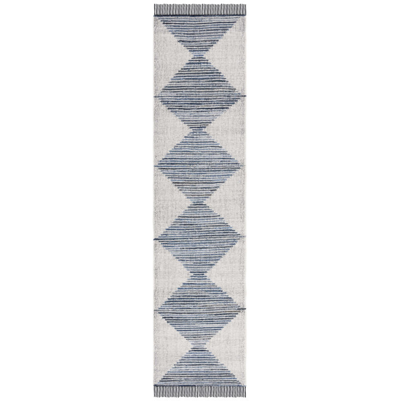 Borgey Flat Weave Wool/Jute Geometric Rug in Ivory/Blue, Runner 2'3" x 9'