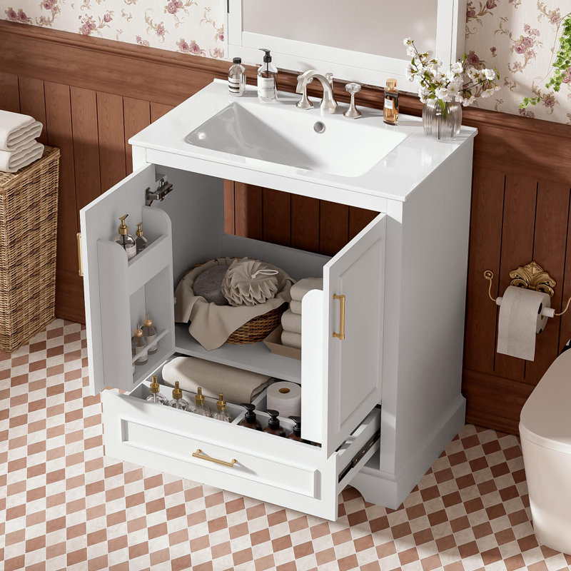 Meuble-lavabo avec lavabo, 1 tiroir et 2 portes à fermeture en douceur, Blanc