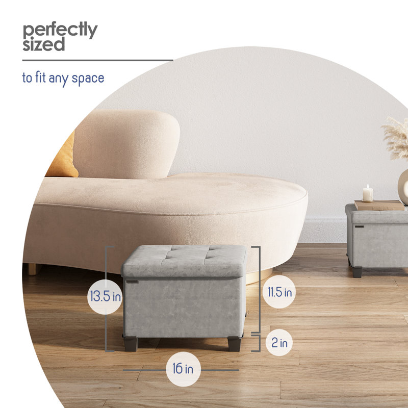 Banc repose-pieds en velours avec rangement amovible Nestl, H 11,5 po x l 16 po x P 10,5 po, Gris clair