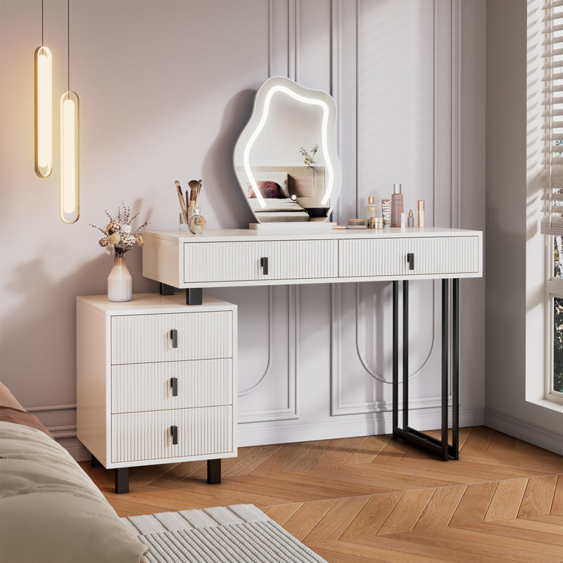 Adjustable-Length Vanity With Cloud LED Mirror - Modern Makeup Table With Storage Drawers & Side Cabinet, Ribbed Texture Design For Bedroom, Dorm & Small Spaces