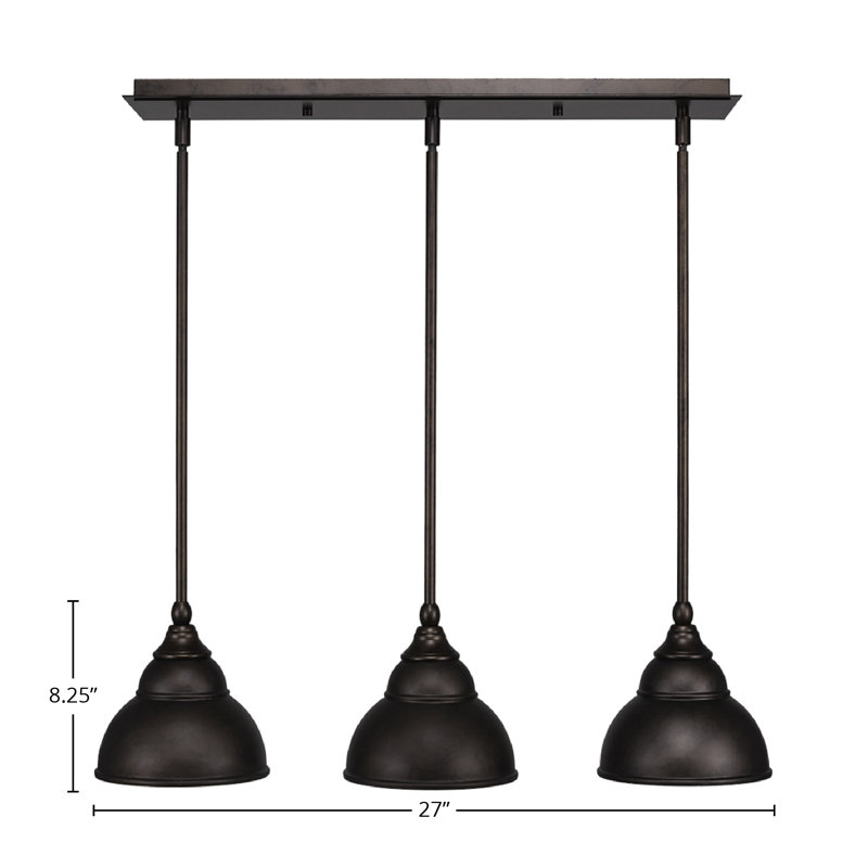 3 Light Stem Hung Linear Pendalier With 7" Double Bubble Metal Shades, Bronze