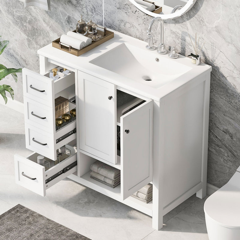 Meuble-lavabo de salle de bain avec comptoir, meuble-lavabo avec deux portes et deux tiroirs, Blanc