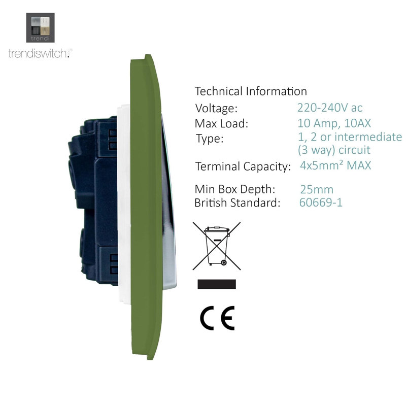 Trendi Switch 4 Gang Light Switch (1x 1 or 2 Way & 3 x Intermediate), Moss Green