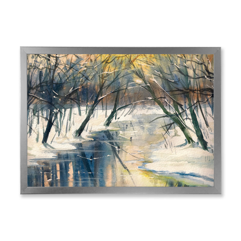 River in Winter Forest - reproduction d'art sur toile, Cadre photo argenté, H 24 po x l 36 po x P 1 po