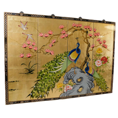 Set of Four Oriental Wall Plaques Hand Painted Peacock on Gold Leaf with Brass Hangers