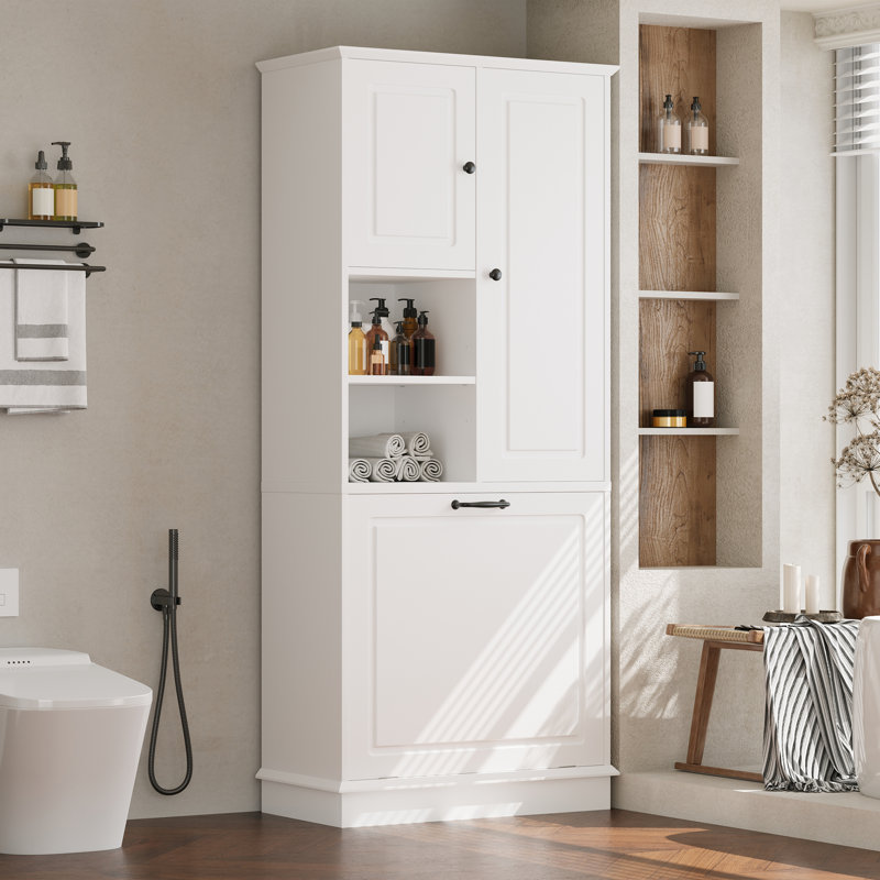 Grande armoire de rangement blanche avec tablettes réglables, grand panier rabattable et armoires fermées, Blanc