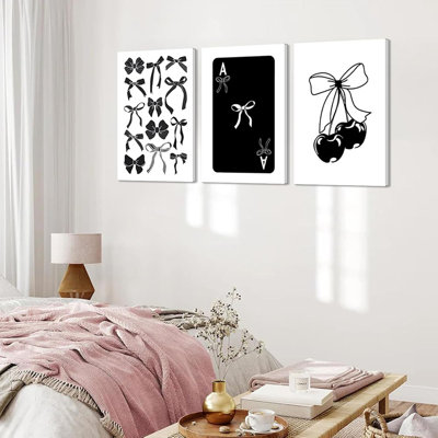 3Pcs Fashion Black Bow Canvas Wall Art Funky Aesthetic Cherry Poker Picture Painting Trendy Preppy Aesthetic Wall Decor Artwork For Room Dorm Apartment Bedroom Decorations