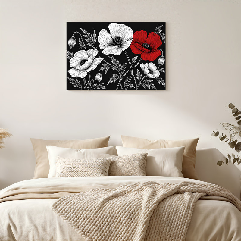 Art sur toile, coquelicots rouges et blancs sur fond noir, 12"H x 18"W