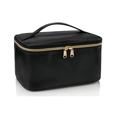 Trousse à maquillage, trousse à maquillage portable, trousse de rangement de grande capacité, trousse de toilette noire avec poignée et cloison