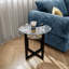Table de bout ronde en verre trempé avec tablette en bois et pieds croisés en fer