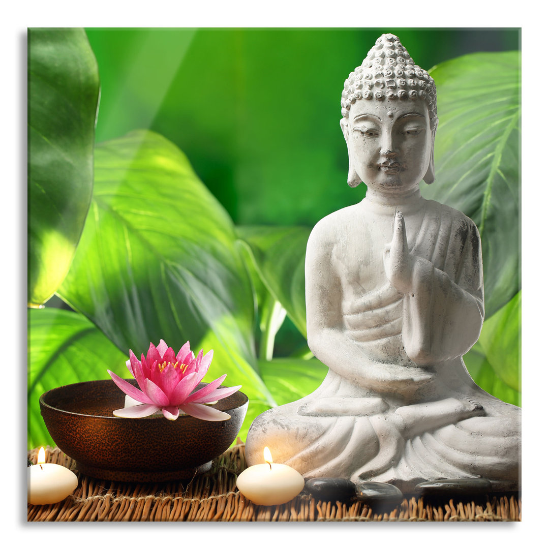 Glasbild Seerosen-Buddha-Statue