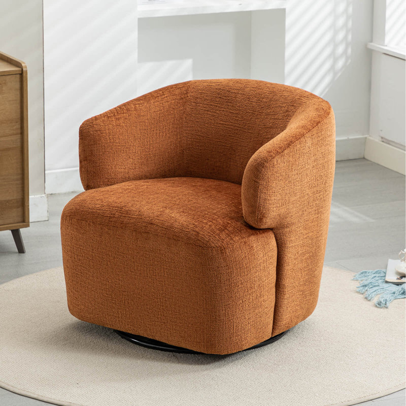 30" Wide Upholstered Swivel Barrel Accent Chair, No Assembly, Orange Chenille