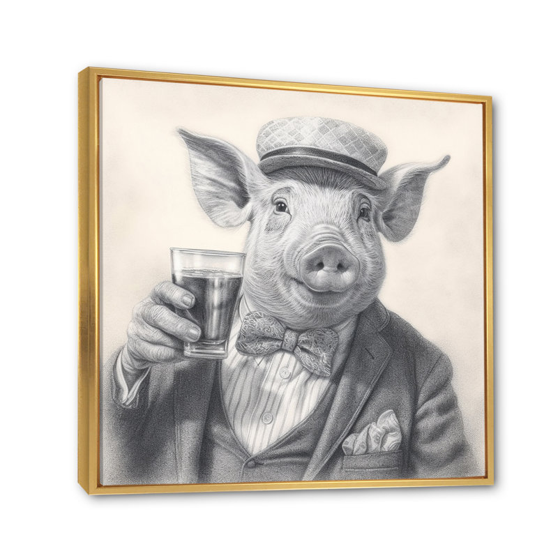 Cochon ayant une boisson II, reproduction d'art sur toile, H 24 po x l 24 po x P 1 po, Cadre flottant doré