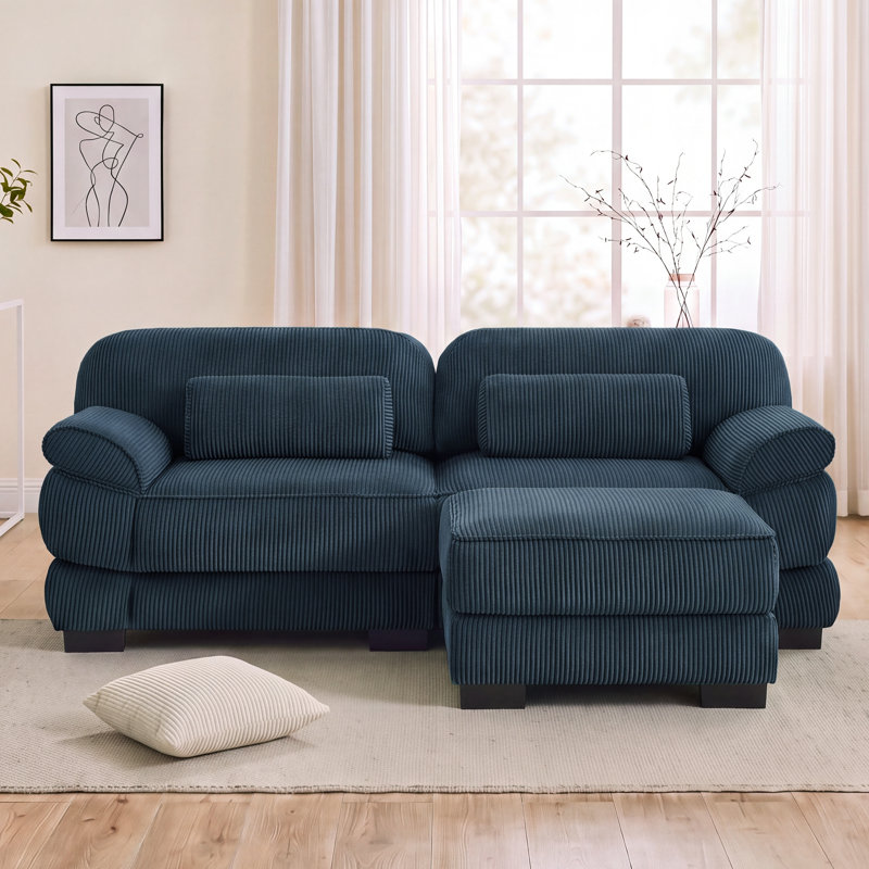 Canapé modulaire en velours côtelé avec repose-pieds Barrett, Bleu