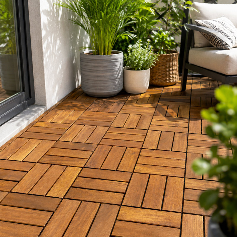 Lot de 30 dalles de terrasse carrées de 30 cm en acacia à damier, emboîtables et résistantes aux intempéries, avec fentes de drainage, pour balcon, piscine, salle de bain ou jardin.
