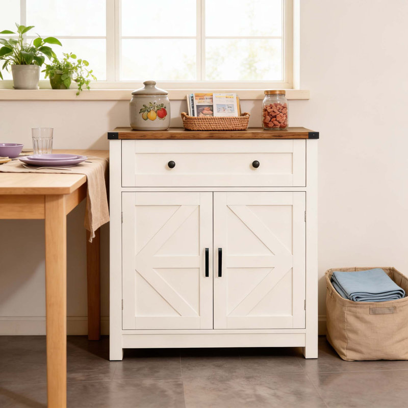 Wood Farmhouse Barn-Door Storage Cabinet,Coffee Bar Buffet Sideboard With Drawer For Kitchen & Living Room, White/Oak