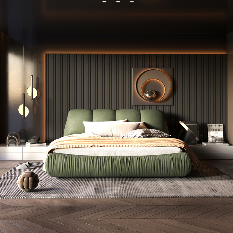 Très grand lit plateforme tapissier très grand avec dossier rembourré surdimensionné et structure en bois massif, convient à plusieurs hauteurs de matelas, vert