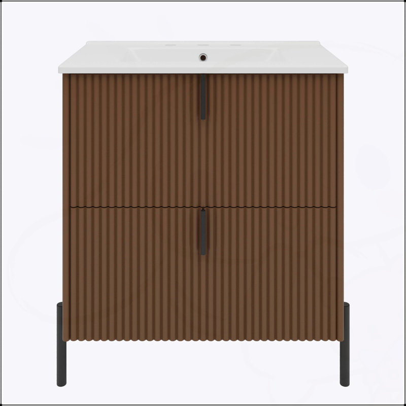Meuble-lavabo de 30 pouces avec lavabo en céramique, tiroirs à extension complète, glissières à fermeture en douceur et conception cannelée pour les salles de bain modernes