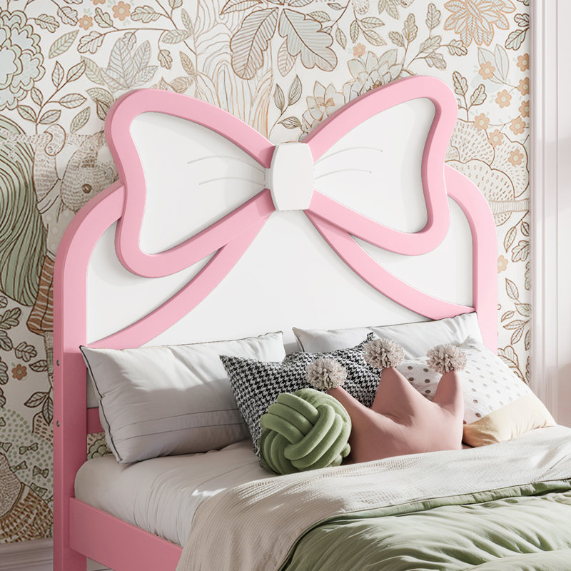 Lit plateforme en bois pour une personne avec tête de lit arquée, cadre de lit en bois massif avec sommier à lattes, lit plateforme bas pour enfants, adolescentes et filles, sommier non nécessaire, rose et blanc.