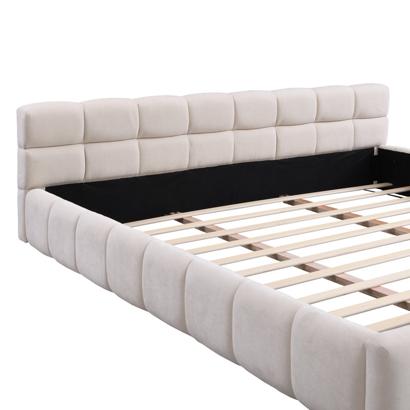 Lit tapissier élégant en chenille beige avec motif damier, très grand, beige