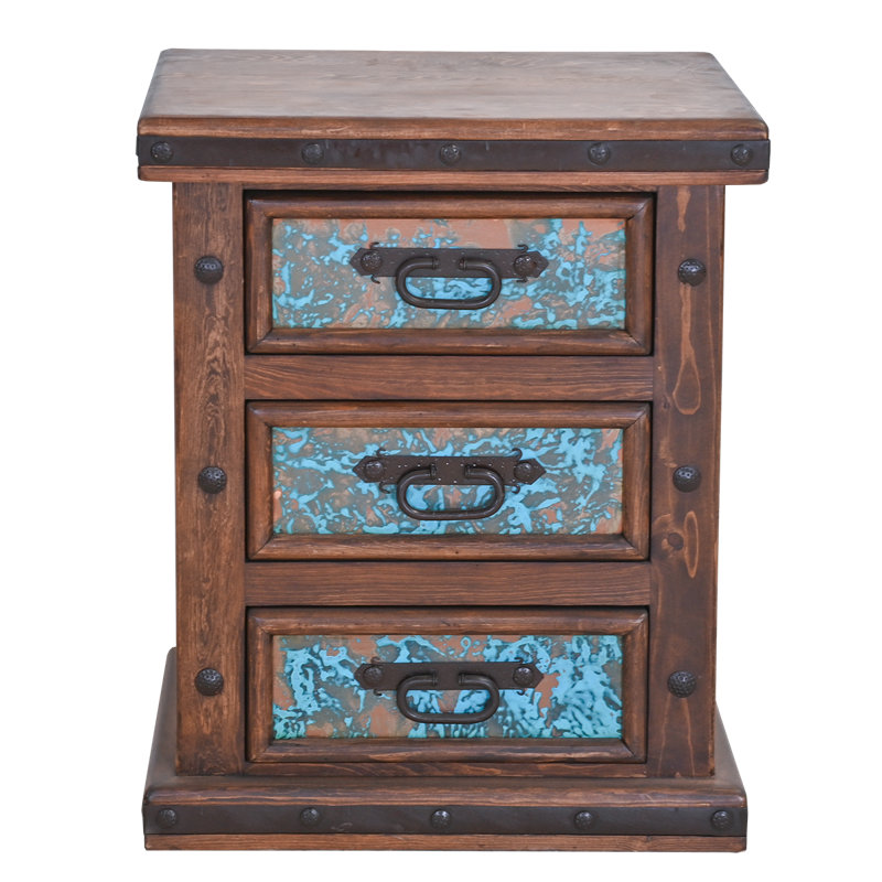 Red Rock Valley 3-Drawer Nightstand with Turquoise Copper Panels & Blacksmith Details, Brown/Teal