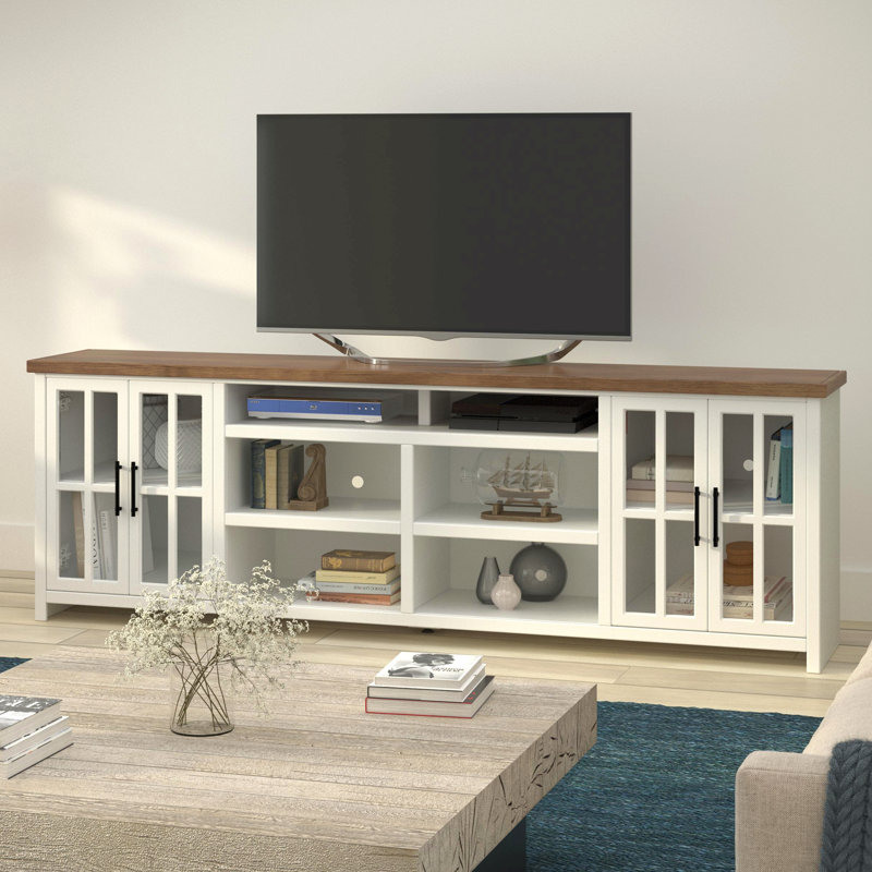 Meuble télé 96 po pour téléviseur de 100 po ou moins, aucun assemblage requis, fini blanc délavé et bois de grange, Blanc