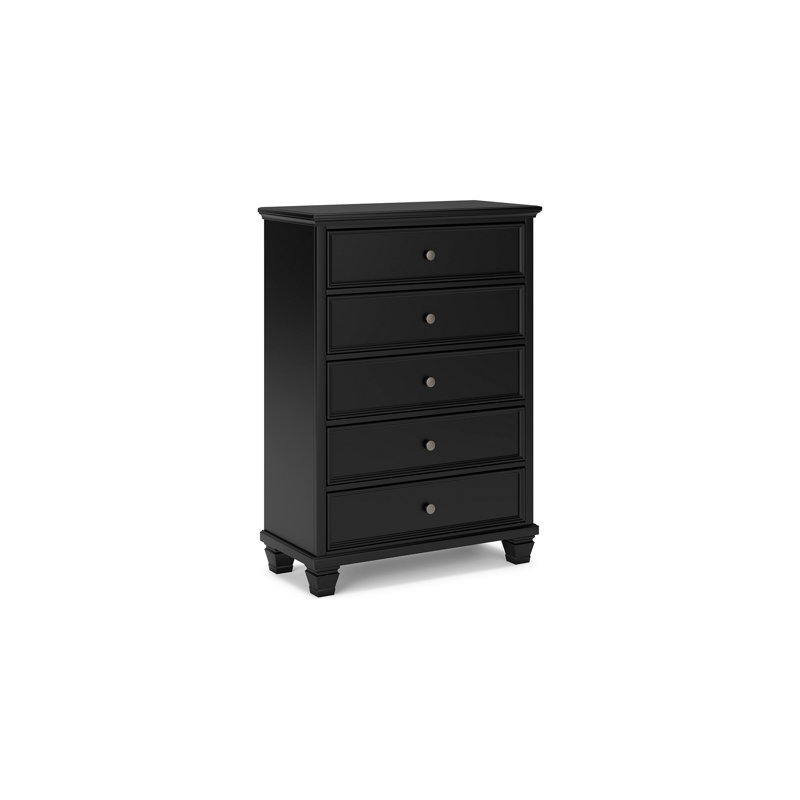 Commode haute Lemo, 5 tiroirs, poignée ronde en nickel, bois massif noir