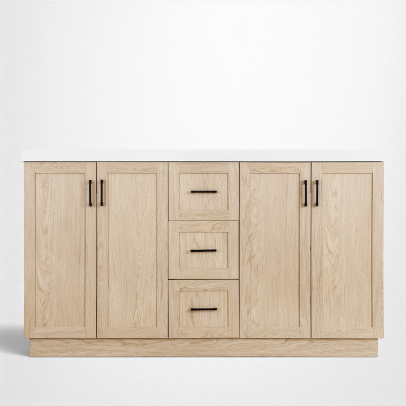 Meuble-lavabo double lavabo de 150 cm avec lavabo en SMC, 3 tiroirs et armoire avec tablette réglable, style ferme moderne, salle de bain principale