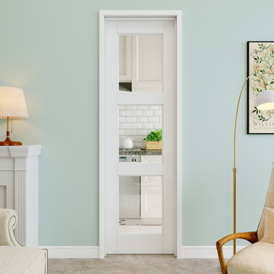 Porte pré-suspendue en verre transparent 24 po x 80 po à 3 lumières avec charnières argentées, plaque de porte en verre transparent, pouvant être peinte et imperméable, combinaison pour la lessive, portes de placard, portes de pièce, droite