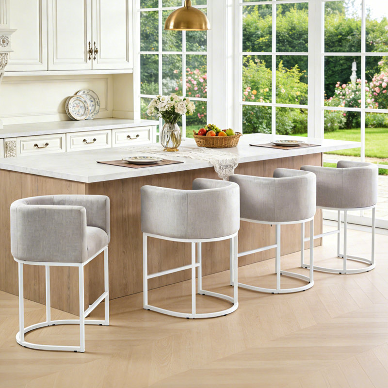 26" Upholstered Metal Barrel Counter Bar Stool, Light Grey Seat/White Frame, 4