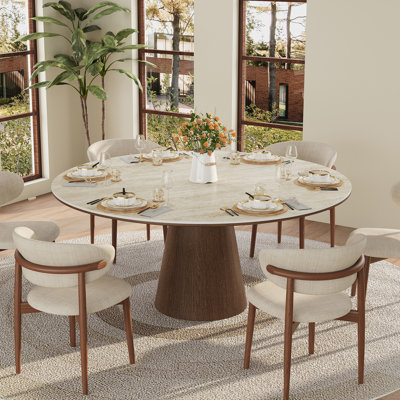 59" Round Dining Table with Faux Travertine Stone Top, Solid Wood Conical Pedestal Base, Modern Farmhouse Kitchen & Dining Room Table for 4-6 People