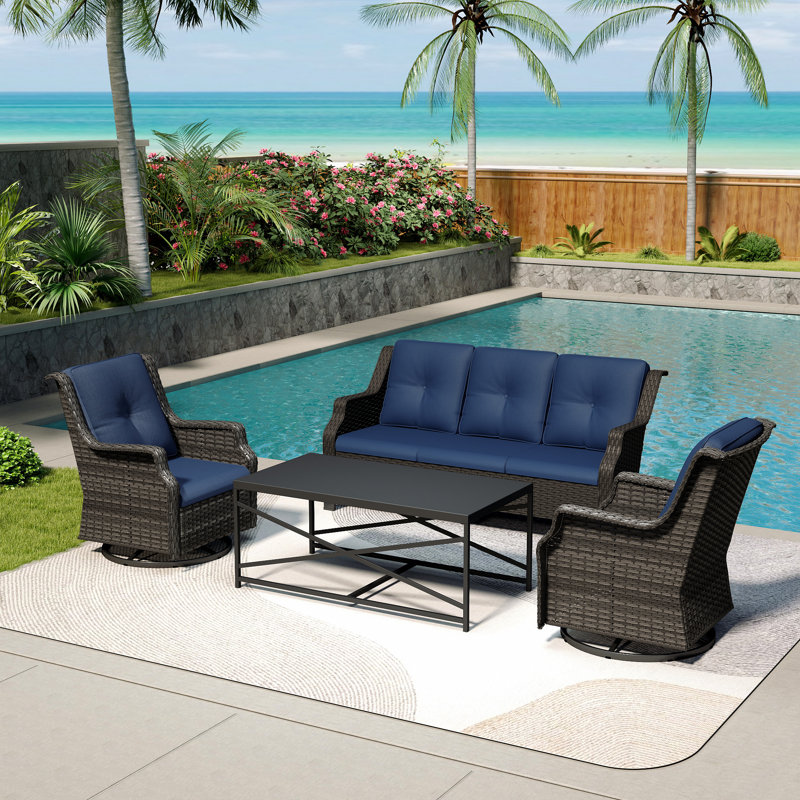 Ensemble de patio extérieur en osier pour 5 personnes avec canapé 3 places, chaises, table basse et coussin bleu, Bleu