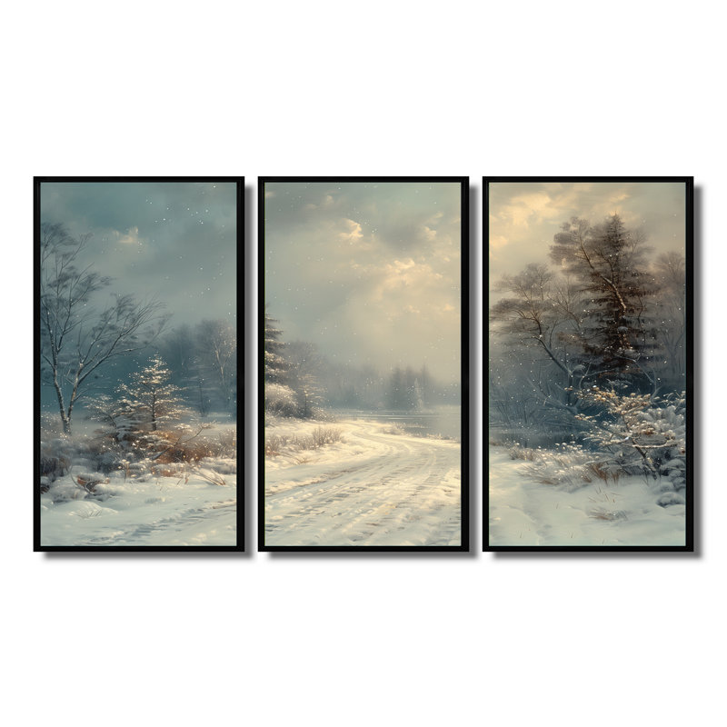 «White Grey Winter Road Into Forest III - Winter Landscape», ensemble de reproduction d'art mural, H 12 po x l 28 po x P 1 po