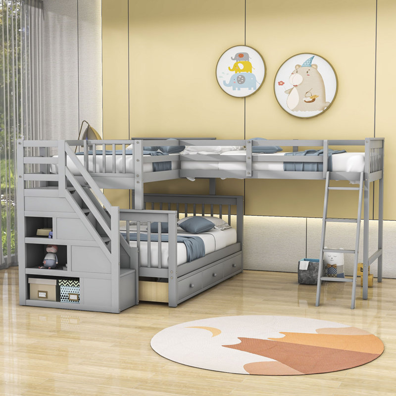 Fabriana Twin Over Full & Twin 3 Drawers L-Shaped Bunk Bed with Storage, Gray