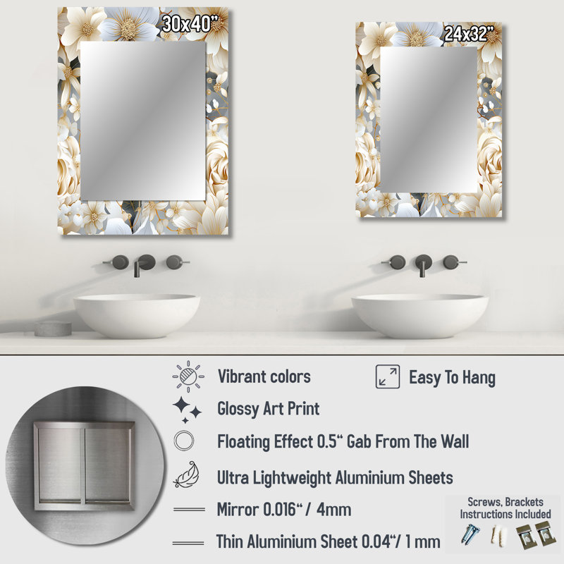 White Mandalas Chrysanthemum Boho Pattern - Floral Mirror Wall Decor, 32" x 24"