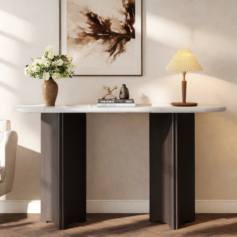 Narrow Console Table With Oval Marble Top, Curved Legs And Triangular-designed Base, Espresso