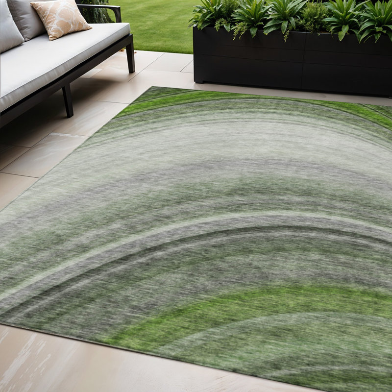 5' X 8' Green Artichoke Green And Emerald Abstract Washable Indoor Outdoor Area Rug