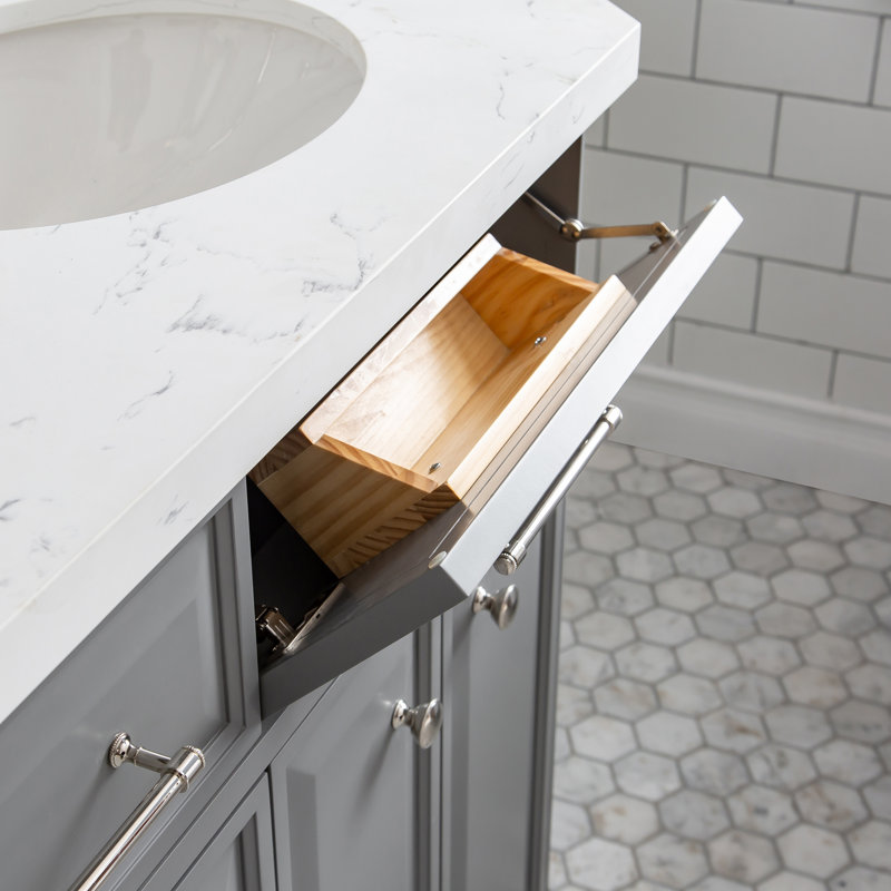 Bruning 60'' Double Bathroom Vanity with Engineered Marble Top, Cashmere Grey, Polished Nickel