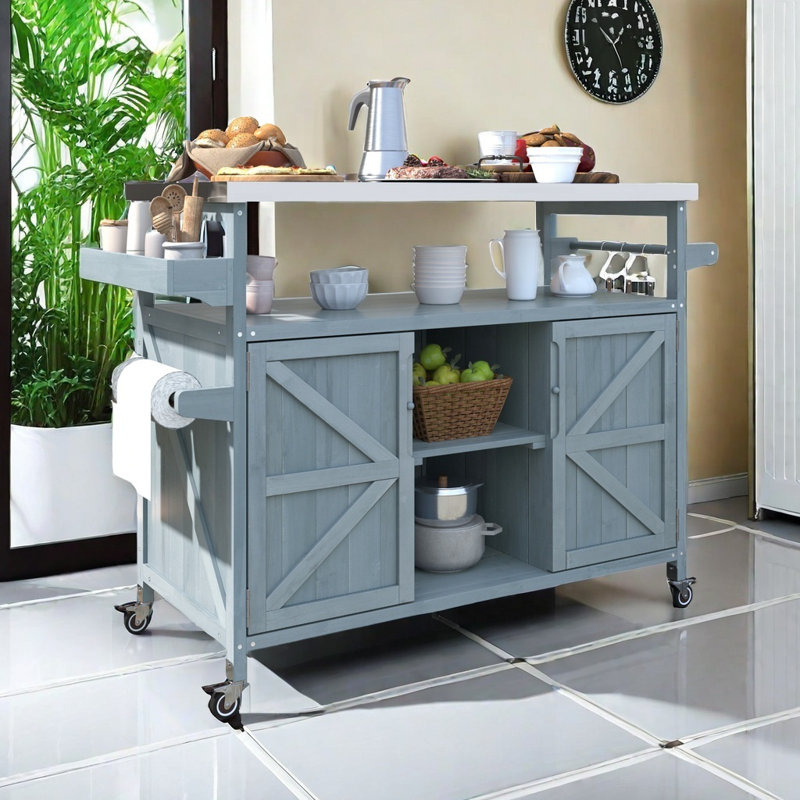 Rolling Bar Cart & Storage Cabinet, Gray/Blue