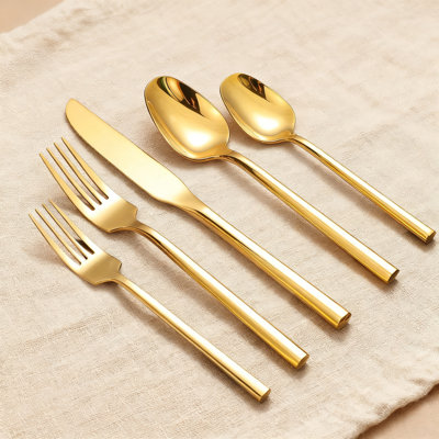 20-Piece Stainless Steel Flatware Set Service For 4, Mirror Gold Cutlery Set With Hexagon Handle, Dishwasher Safe Silverware For Wedding Housewarming Gift